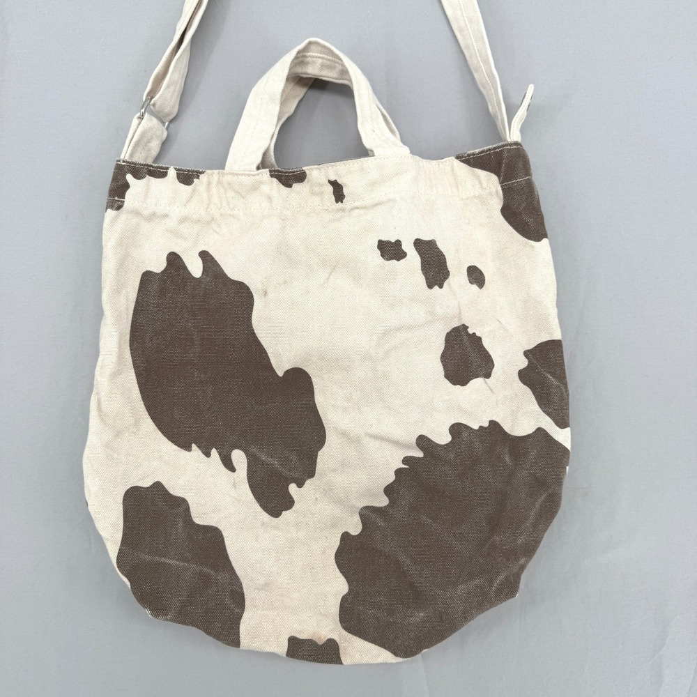 Baggu Canvas Duck Bag Brown Cream Cow Print Adjustable Strap Tote Messenger